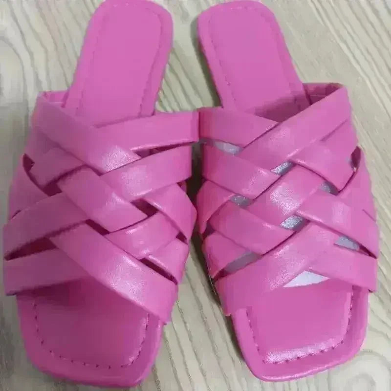 Summer Casual Outdoor Leather Flat Women Slippers Blue/Pink/Beige - Femstylo