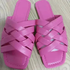 Summer Casual Outdoor Leather Flat Women Slippers Blue/Pink/Beige - Femstylo