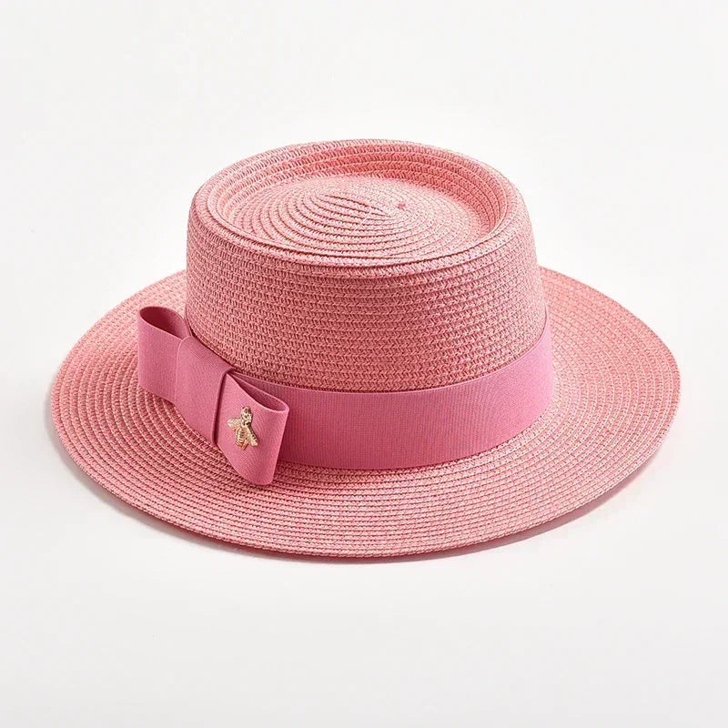 NEW Spring Summer Straw Hats for Women Round Bumpy Surface Flat Top Bowknot Dress Cap Travel Beach Sun Hat Gorra