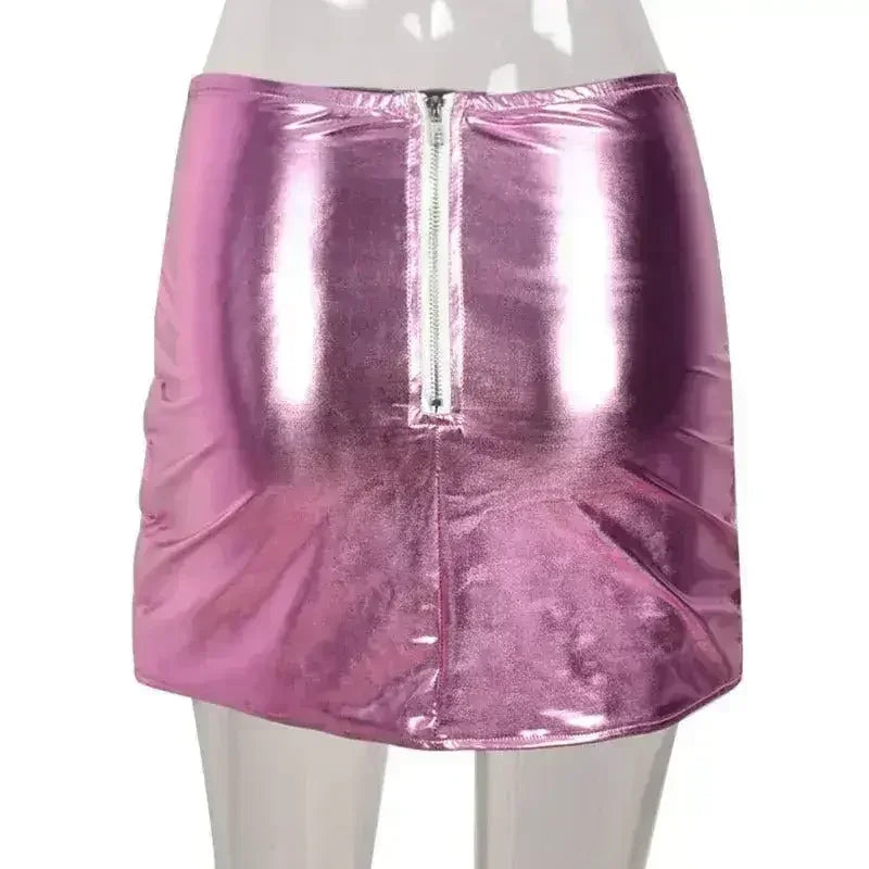 Pink Women's Puffer Skirt Metallic Shiny Warm Quilted Mini A-line - Femstylo