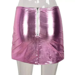 Pink Women's Puffer Skirt Metallic Shiny Warm Quilted Mini A-line - Femstylo