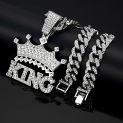 Men Hip Hop Crown with King Pendant Necklace with 13mm Crystal Cuban Chain HipHop Iced Out Bling Necklaces Fashion Charm Jewelry