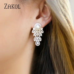 ZAKOL New Fashion CZ Zirconia Crystal Leaf Dangel Earrings for Women Luxury Bridal Wedding Party Jewelry