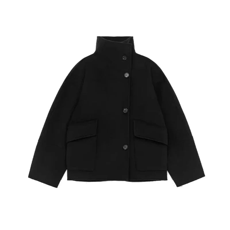 Fashion Women's Stand Collar Woolen Coats Long Sleeve Loose Female Short Coat 2025 Autumn Winter Office Lady Street Jacket