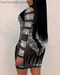 Women Sexy Solid Color Sheer Mesh Rhinestone Design Bodycon Nightclub Party Dress