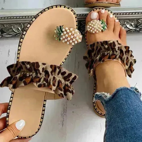 Pineapple Pearl Beach Slides Flat Toe Casual Womens Slippers