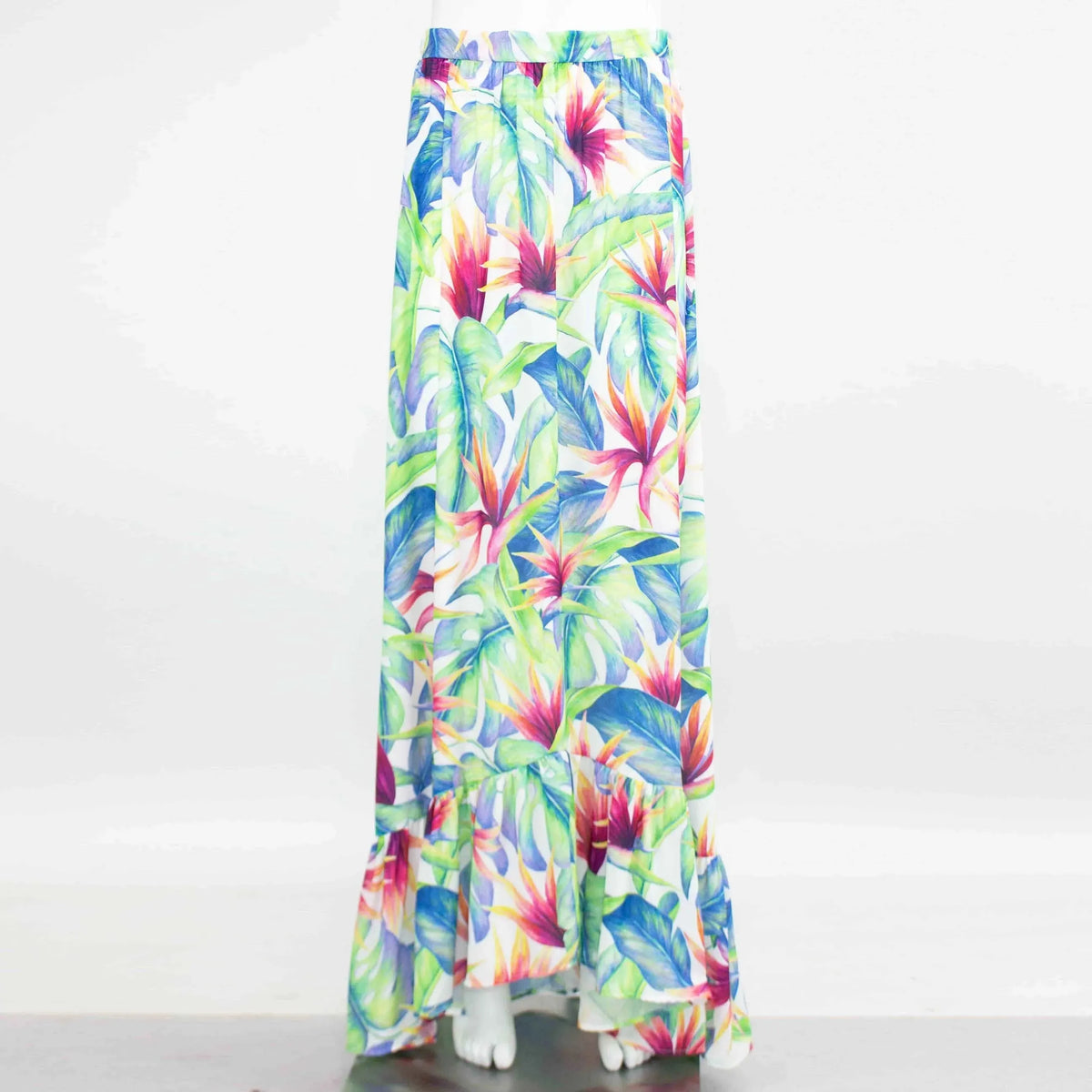 Tropical Print Maxi Skirt – Flared Silhouette & Elastic Waist