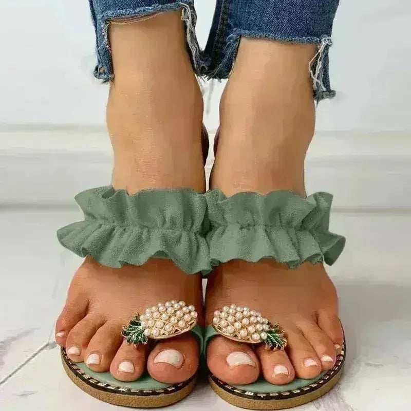 Pineapple Pearl Beach Slides Flat Toe Casual Womens Slippers - Femstylo