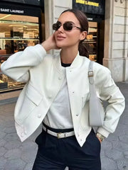 TRZA Women Fashion With Pockets Bomber Jacket Coats Vintage Long Sleeve Front Button Casual Female Outerwear Chic Tops