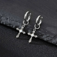 Punk Men's Huggies Earrings,Vintage Long Chain Stainless Steel Ear Drop,Stylish Cross Earring Gift