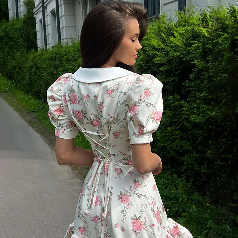 Puff Sleeve V-Neck Mini Dress | Printed Ruffled Pearl Button Dress - Femstylo