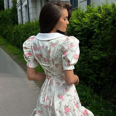 Puff Sleeve V-Neck Mini Dress | Printed Ruffled Pearl Button Dress - Femstylo