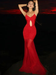 Weird Puss Sexy Hollow Maxi Dress Women Low-Neck Off Shoulder Backless Mesh See Through Hem Vacation Beach Party Elegant Outfits