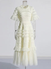 Patchwork Edible Tree Fungus Elegant Dresses For Women Round Neck Short Sleeve High Waist Temperament Dress Female Fashion