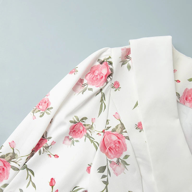 Puff Sleeve V-Neck Mini Dress | Printed Ruffled Pearl Button Dress - Femstylo