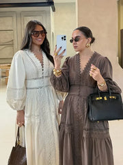 Elegant Lace Patchwork Hollow Out Dress Women Solid V-neck Long Lantern Sleeve Loose Dresses 2025 Spring Vacation Lady Robes