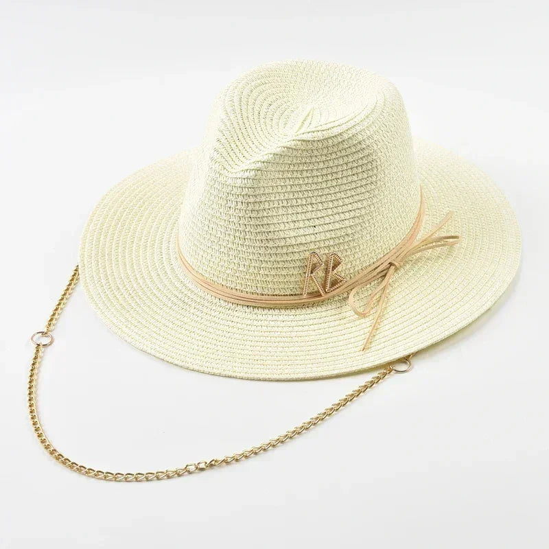Fashionable Metal RB Letter Straw Hats for Women Men Summer Panaman Jazz Hat Outdoor Holidays Beach Sun Hat