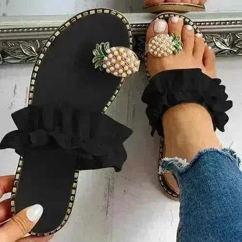 Pineapple Pearl Beach Slides Flat Toe Casual Womens Slippers - Femstylo