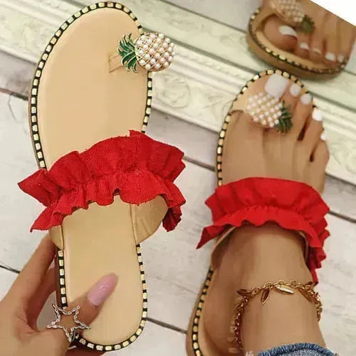 Pineapple Pearl Beach Slides Flat Toe Casual Womens Slippers