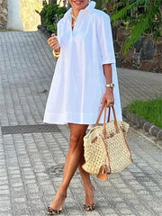Urban Female Fashion Solid Color Lapel Mini Dresses  New Summer Half Sleeves Loose Casual Office Commute White Dress