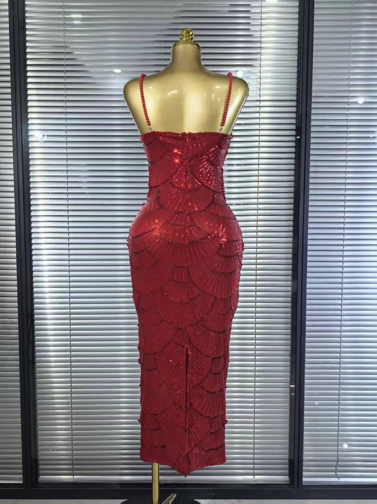 Pearl Beaded Christmas Dress | Sleeveless Bodycon Party Gown - Femstylo