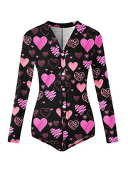 Women’s Long Sleeve Valentine Day Jumpsuit Bodycon V Neck Heart Lip Print Button Down Short Romper Indoor Sleepwear