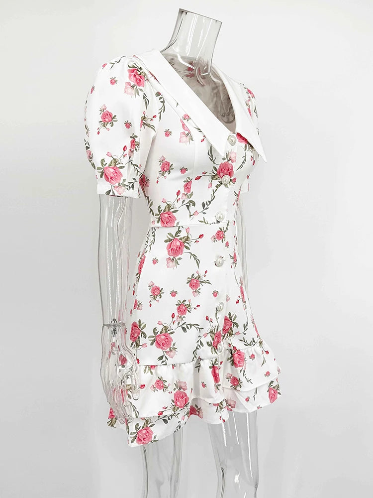 Puff Sleeve V-Neck Mini Dress | Printed Ruffled Pearl Button Dress - Femstylo