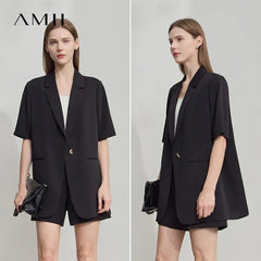 Amii Women's Top Minimalist 2025 Summer New Notched Lapel Contrast Material Patchwork One Button Short Sleeve Blazer 12542081