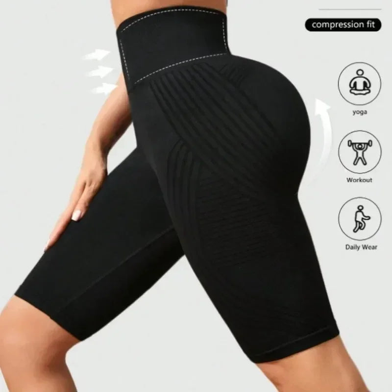 Women‘s Seamless Yoga Shorts High Waisted Striped Slim Shorts Sexy Butt Lifting Gym Trainning High Elastic Five Point Pants
