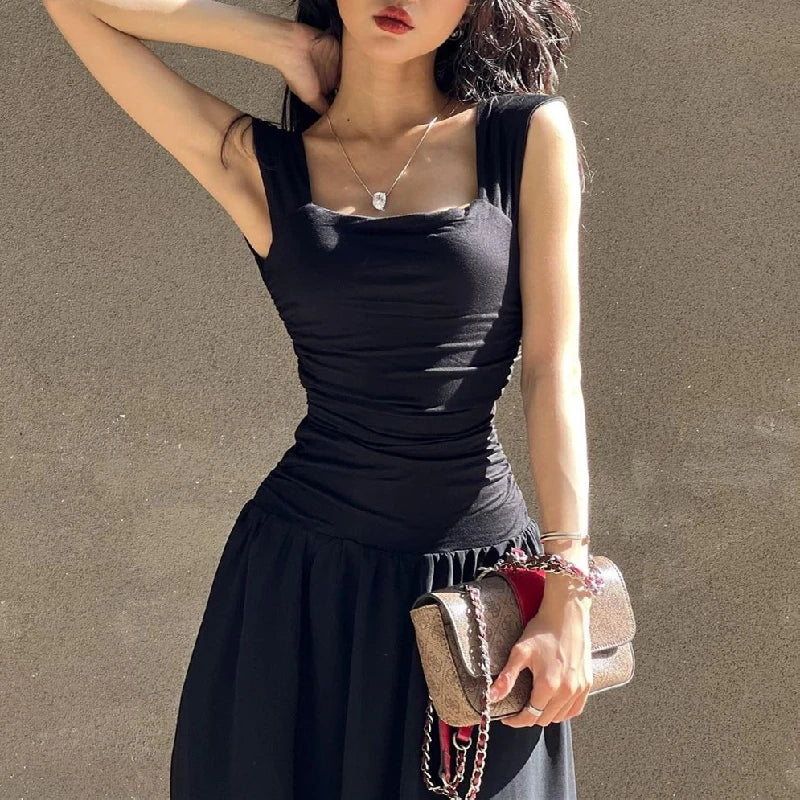 Ruched Bodycon Maxi Dress | Y2K Square Neck Slip Dress -femstylo