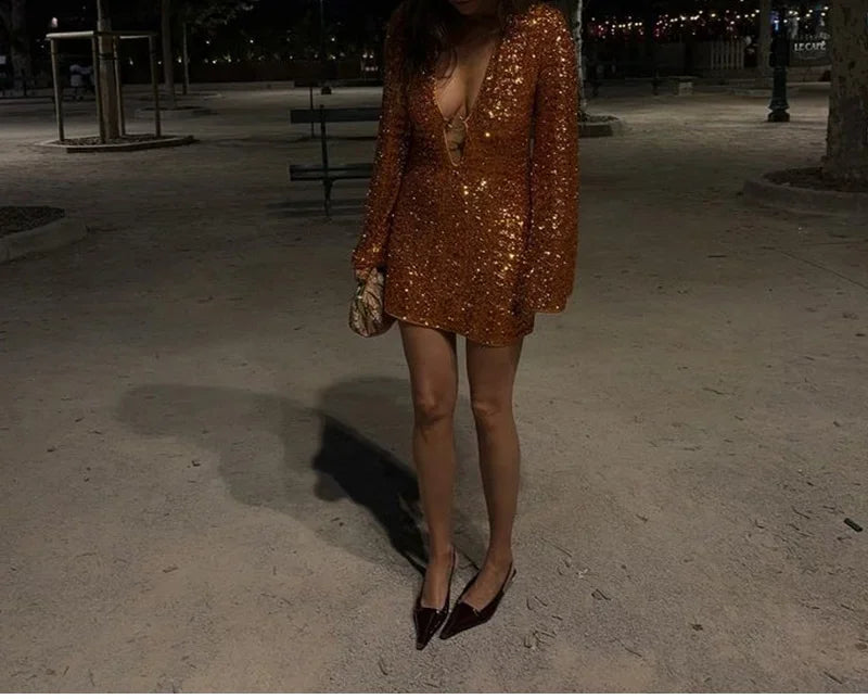 Sexy Hollow Out Mini Dress | Sequined Y2K Party Gown -femstylo