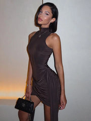 Turtleneck Sleeveless Mini Dress | Ruched Asymmetrical Party Dress - Femstylo
