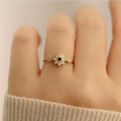 Luxury Women Rings Gold Color Round Flower Red White Stone Rings Party Accessories Gift