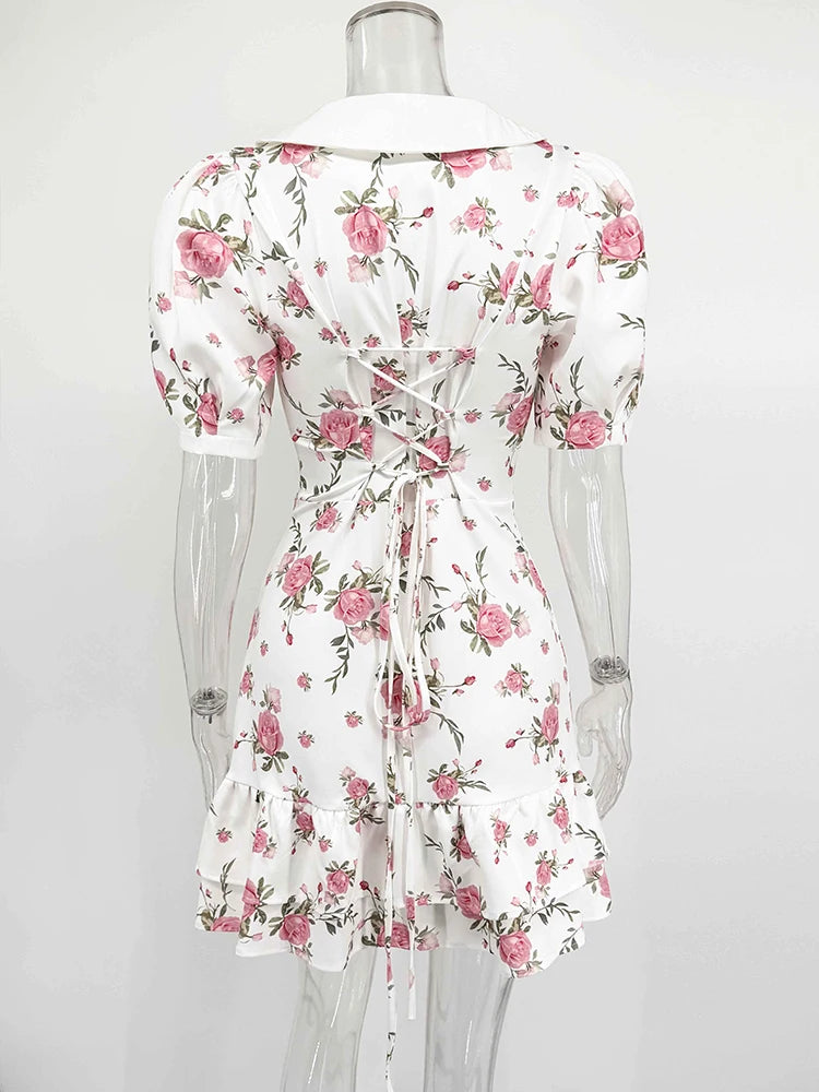 Puff Sleeve V-Neck Mini Dress | Printed Ruffled Pearl Button Dress - Femstylo