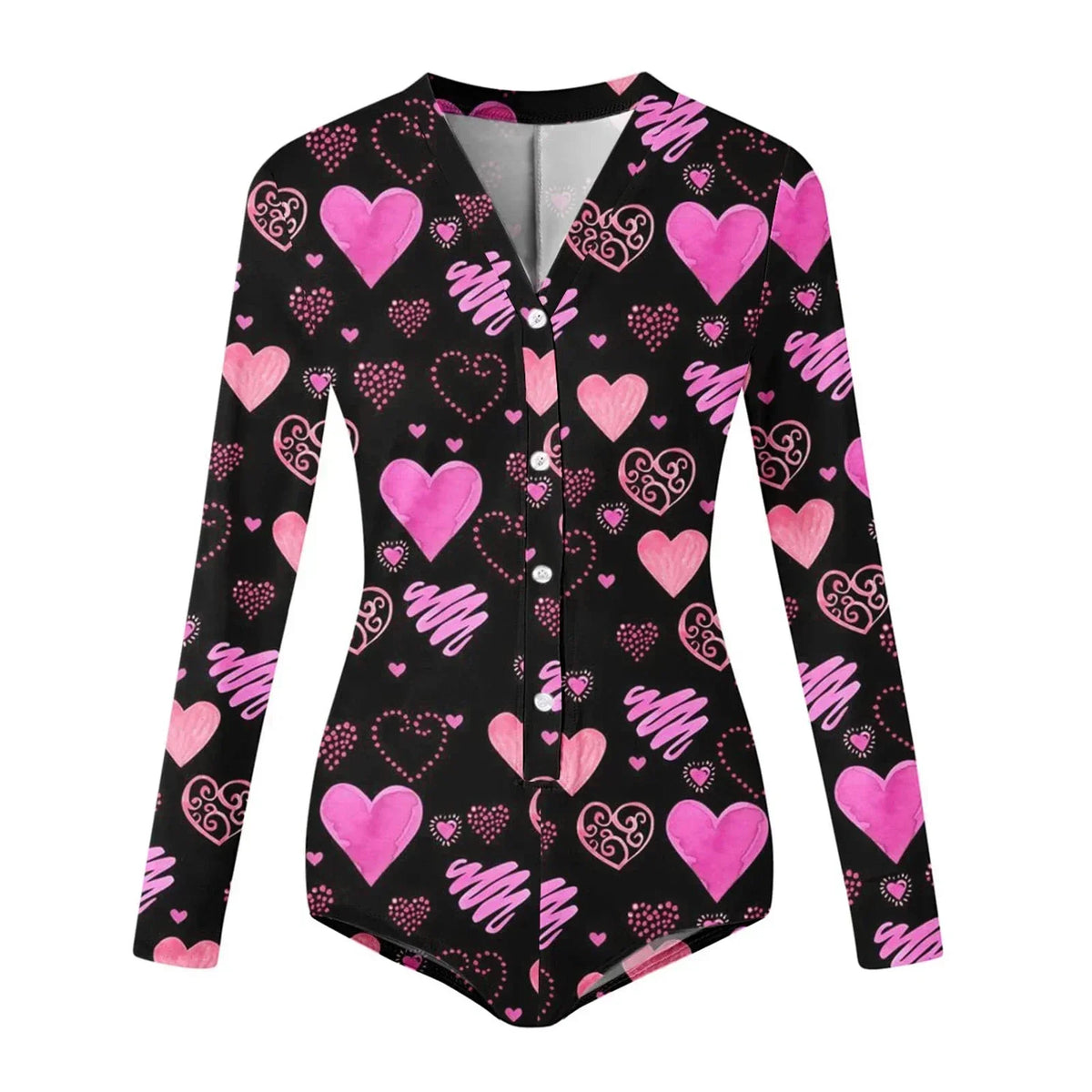 Women’s Long Sleeve Valentine Day Jumpsuit Bodycon V Neck Heart Lip Print Button Down Short Romper Indoor Sleepwear