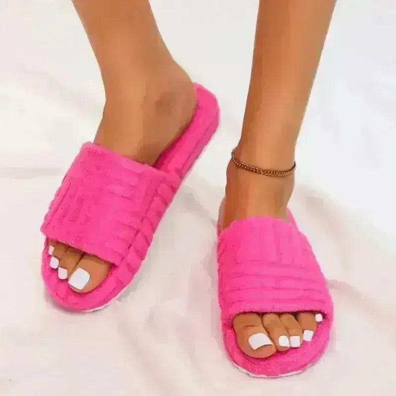 Thick Bottom Embossed Cotton Fur Women Slides - Femstylo