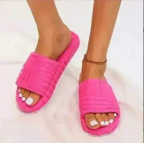 Thick Bottom Embossed Cotton Fur Women Slides - Femstylo