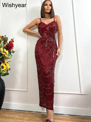 New Sequin Hollow Out Spaghetti Strap Backless Mermaid Long Dresses Women Elegant Celebrity Party Evening Wedding Bodycon Gowns