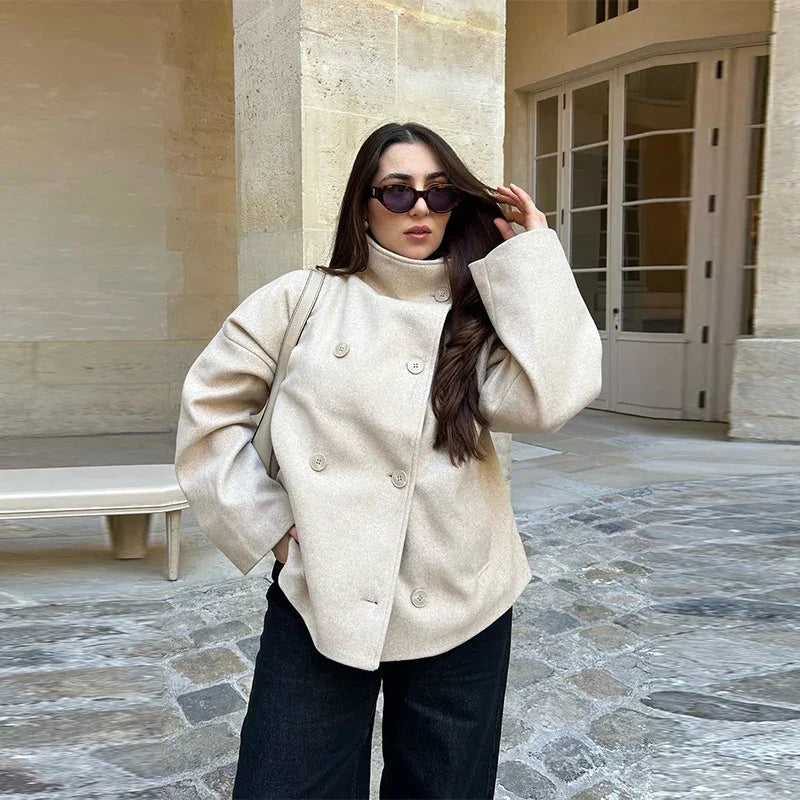Stand Collar Women Winter Woolen Coats 2025 Autumn Single Breasted Loose Female Long Sleeve Jacket Office Lady Street Short Coat