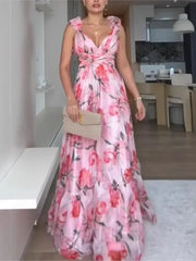 2025 Sexy Printed Chiffon Long Dress Summer Fashion Elegant V Neck Ruffles Edge Slim Vacation Sleeveless Backless Party Dresses