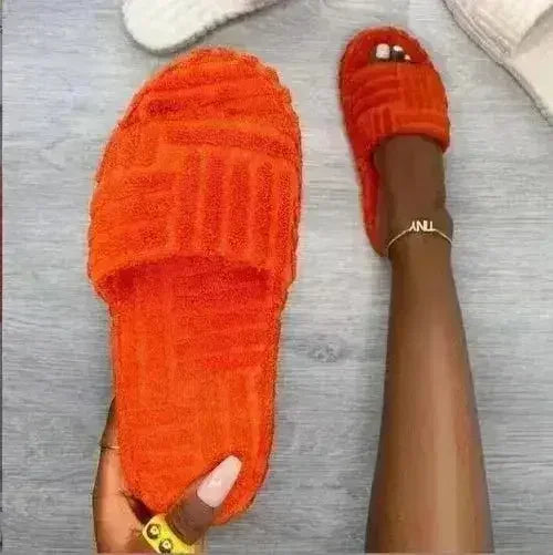 Thick Bottom Embossed Cotton Fur Women Slides - Femstylo