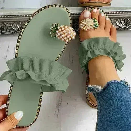 Pineapple Pearl Beach Slides Flat Toe Casual Womens Slippers - Femstylo