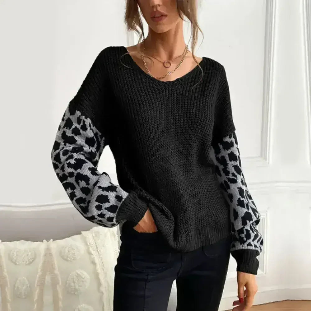Womens V Neck Sweater With Leopard Print Sleeves - Femstylo