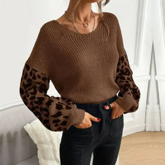 Womens V Neck Sweater With Leopard Print Sleeves - Femstylo