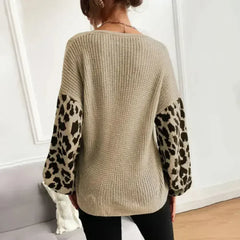 Womens V Neck Sweater With Leopard Print Sleeves - Femstylo
