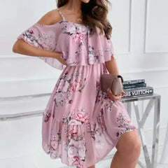 Cold Shoulder Chiffon Beach Dress - Flowy Ruffle Summer Dress - Femstylo