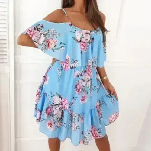 Cold Shoulder Chiffon Beach Dress - Flowy Ruffle Summer Dress - Femstylo