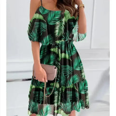 Cold Shoulder Chiffon Beach Dress - Flowy Ruffle Summer Dress - Femstylo