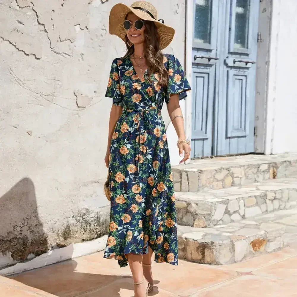 Women’s Floral Wrap Dress – Ruffled Summer Dress in Navy - Femstylo