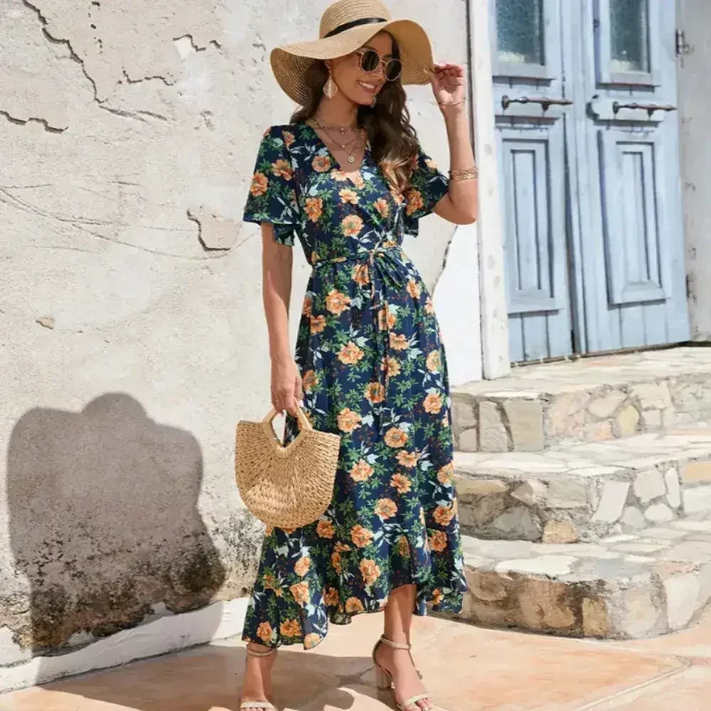 Women’s Floral Wrap Dress – Ruffled Summer Dress in Navy - Femstylo